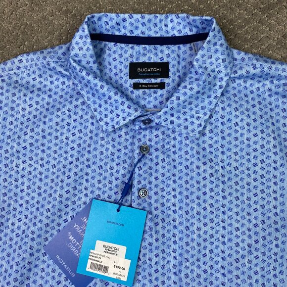Bugatchi Polo Shirt Men's Large Periwinkle Blue 8 Way Stretch Golf Geometric NWT - Picture 4 of 12